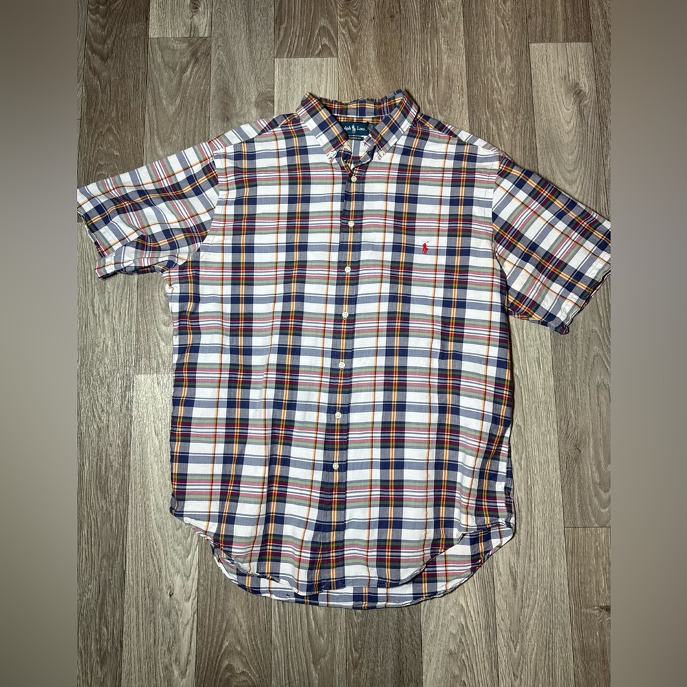 Ralph Lauren Short-Sleeve Plaid Button-Down Shirt - Navy, White, Red, Yellow